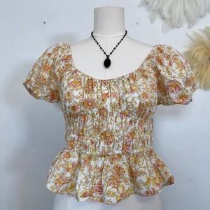 Sim & Sam Womens Milkmaid Floral Babydoll Top Size XL Cottagecore Ruffle Puff
